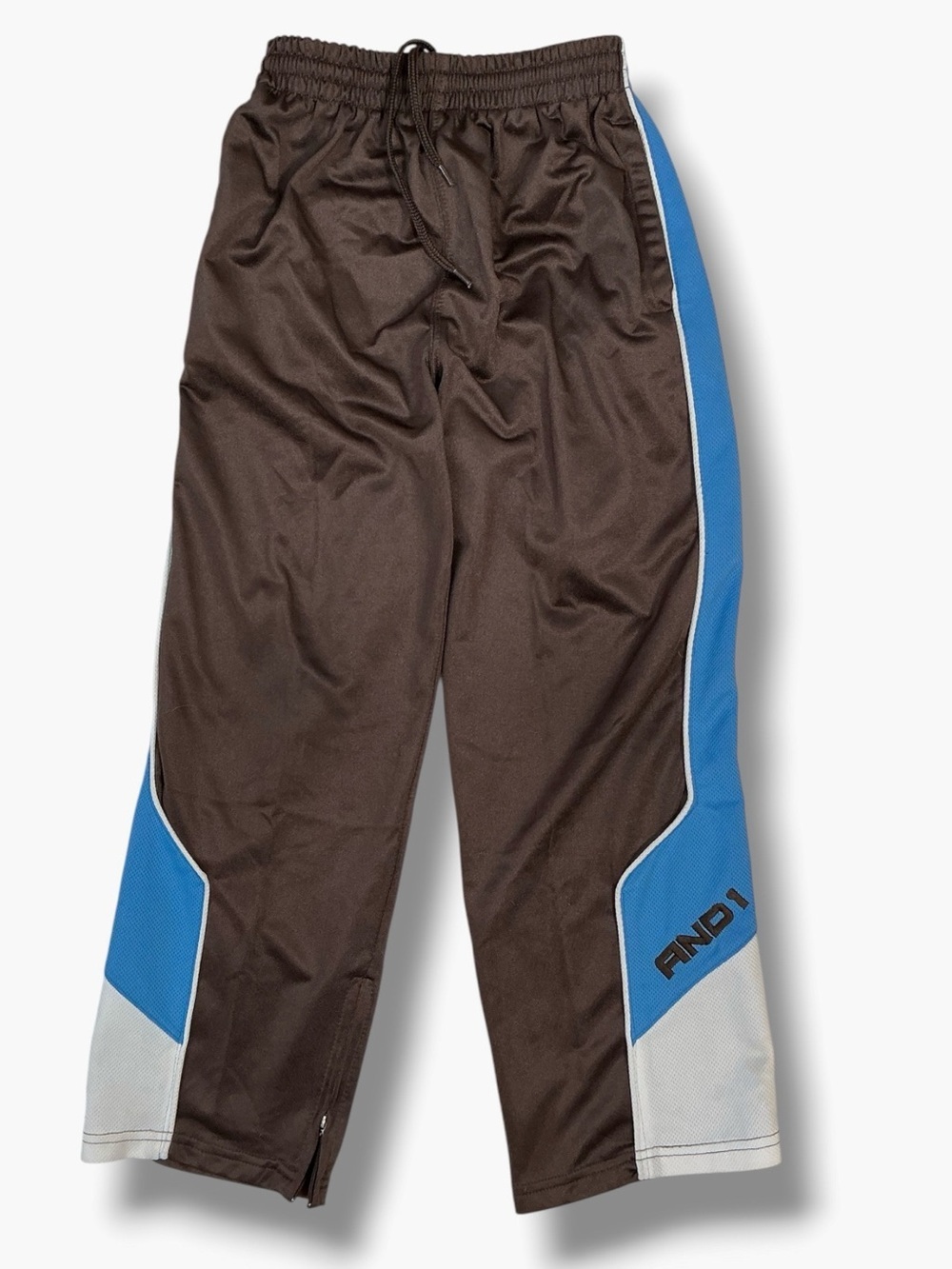 And1 Athletic Track Pants Drawstring Zip Legs Brown Blue White Kid Sz 8 Small